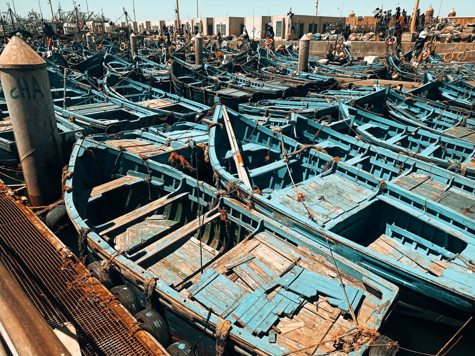 Blue fishing boats packed into the harbour of Essaouira