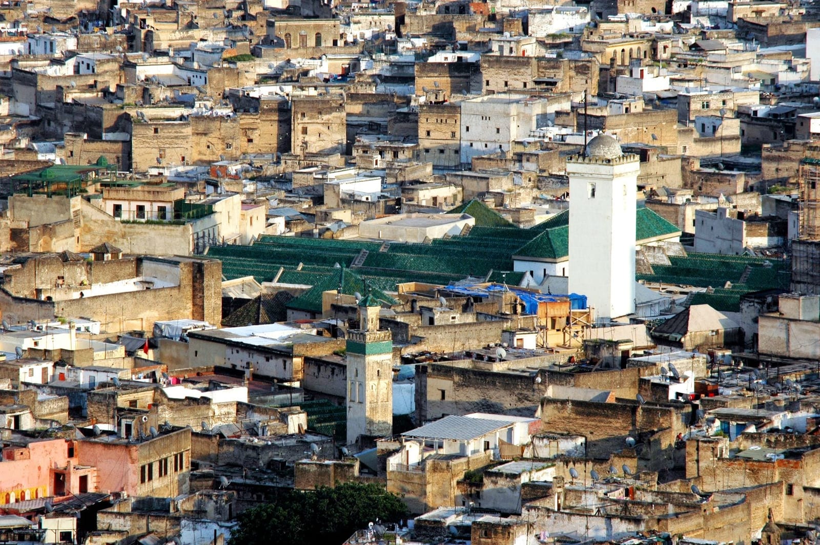 Aerial view over the dense rooftops of Fes el-Bali