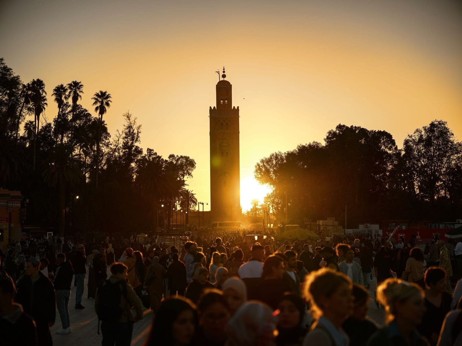 The Koutoubia minaret rising above the rooftops of Marrakech
